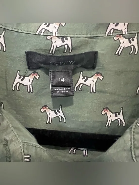 J.Crew Green Airedale Terrier Dog Half Button Down Shirt Size 14 sill blend - Picture 2 of 9